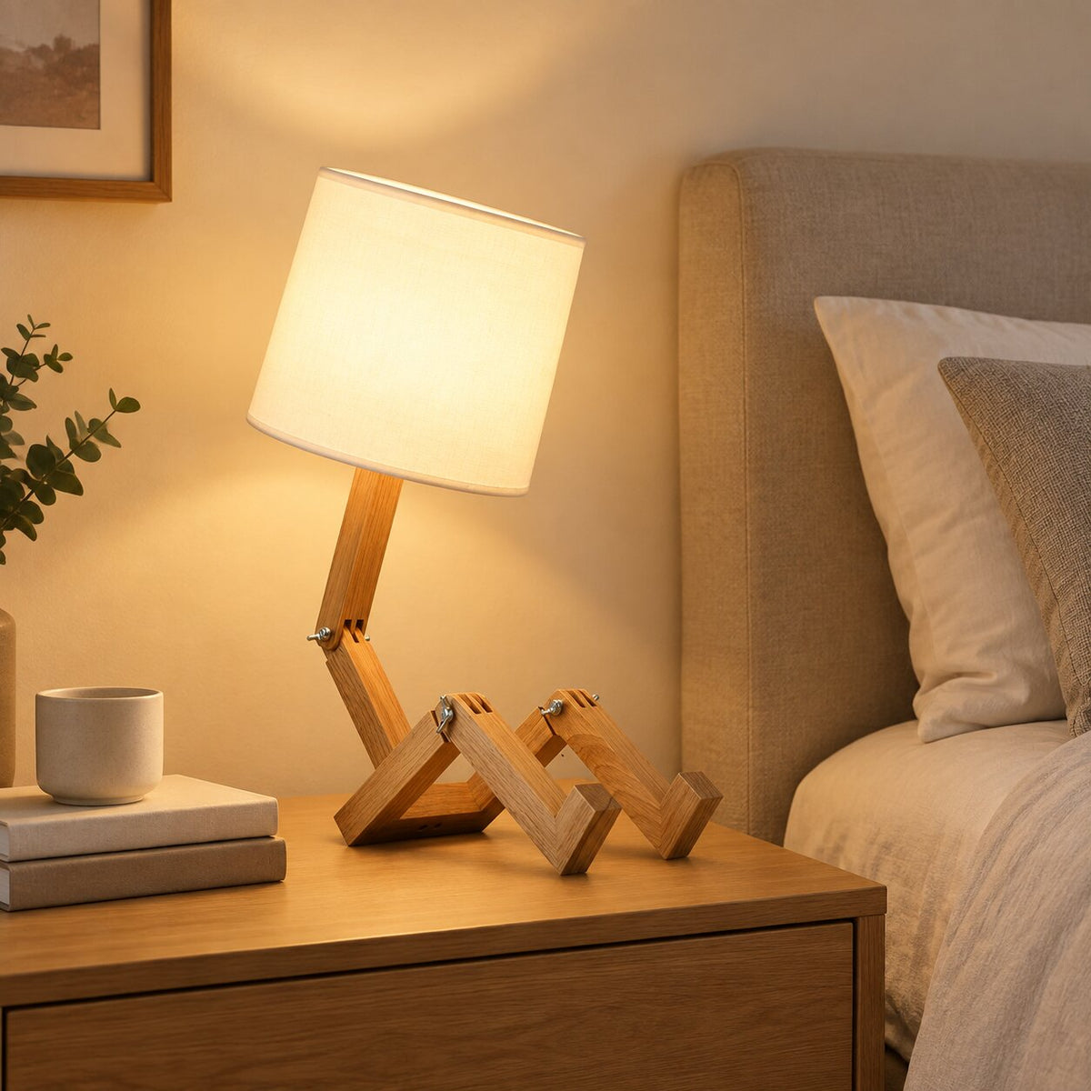 Japandi Adjustable Rubberwood Fabric Shade Table Lamp