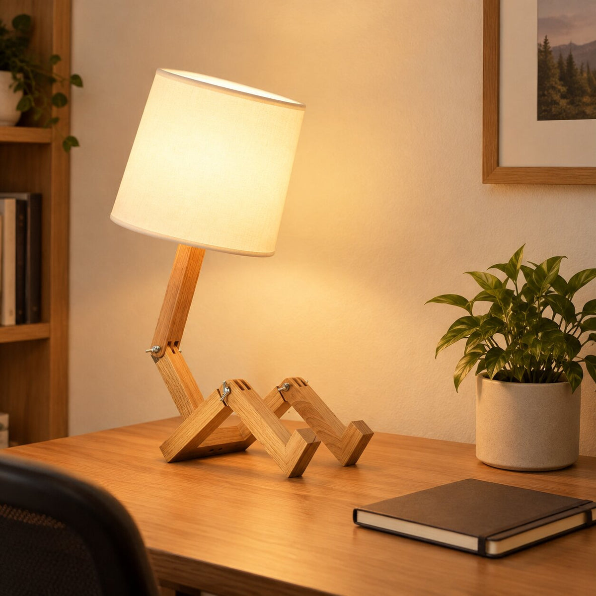 Japandi Adjustable Rubberwood Fabric Shade Table Lamp