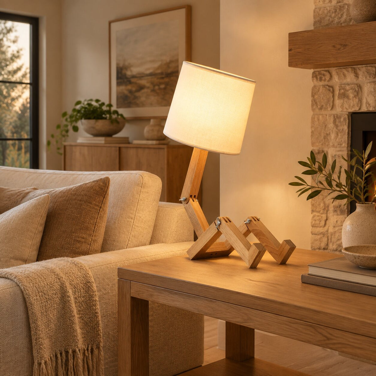 Japandi Adjustable Rubberwood Fabric Shade Table Lamp
