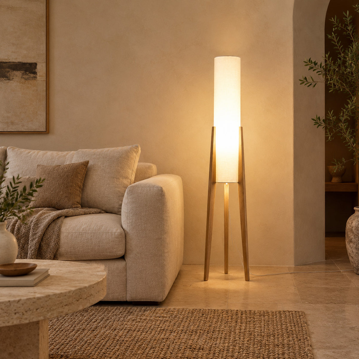 Japandi Bamboo Tripod Cylinder Floor Lamp