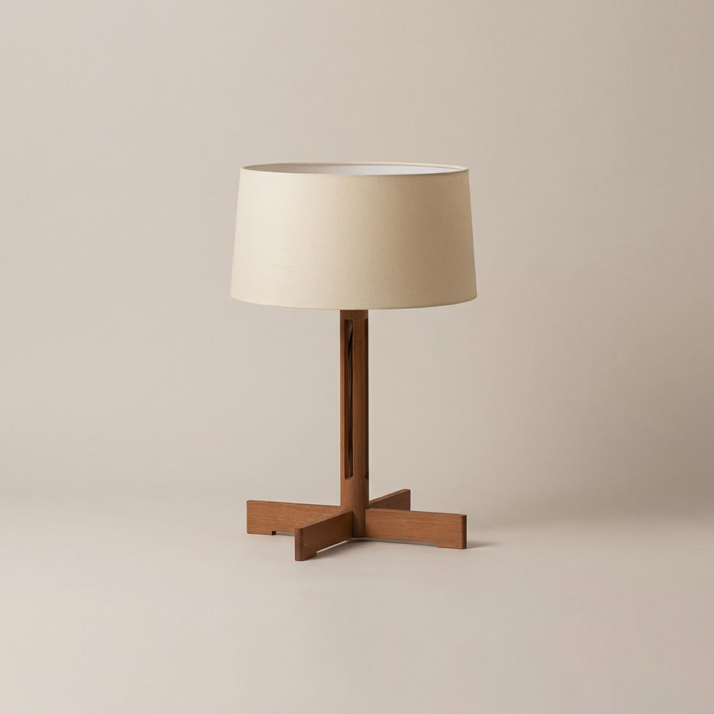Japandi Cross-Base Wood Drum Shade Table Lamp