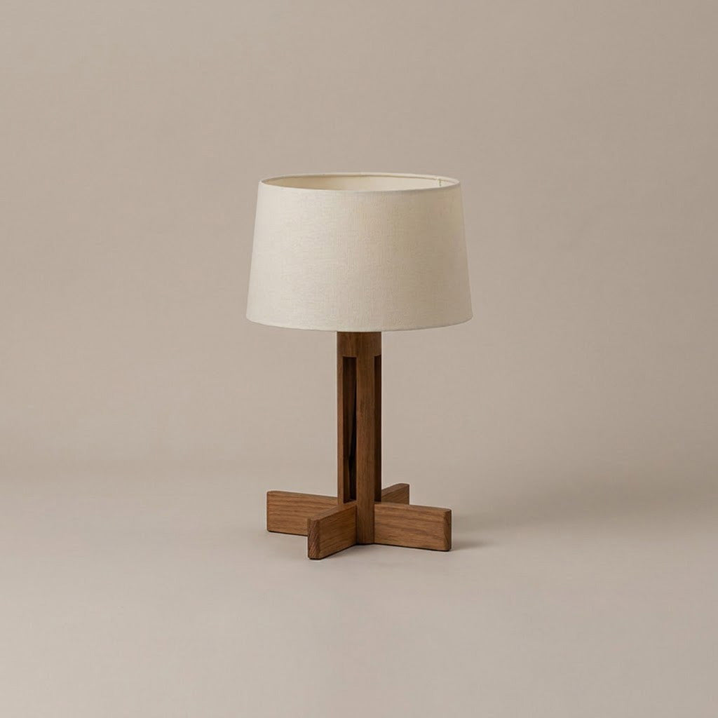Japandi Cross-Base Wood Drum Shade Table Lamp