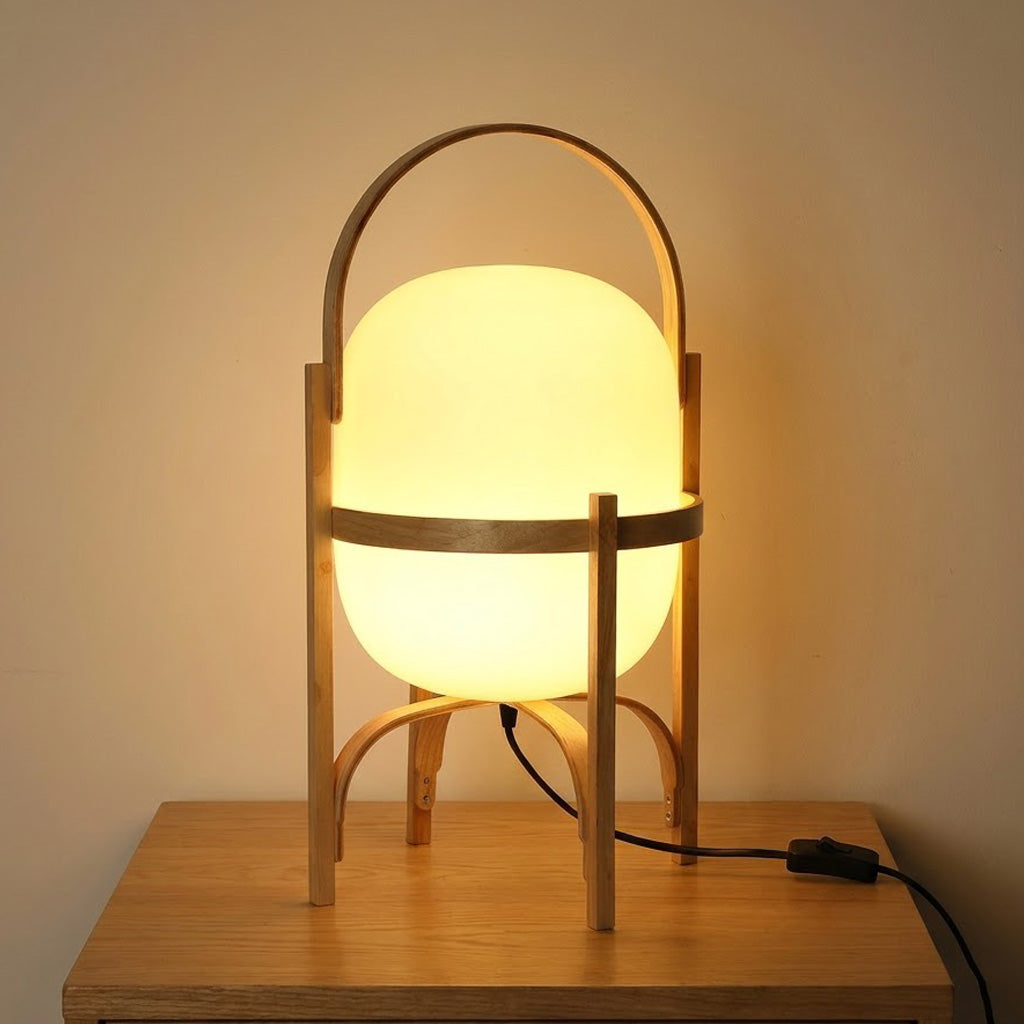 Japandi Curved Wood Lantern Glass Shade Table Lamp