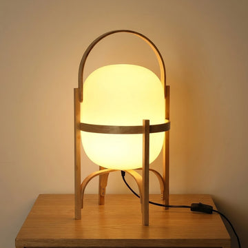 Japandi Curved Wood Lantern Glass Shade Table Lamp