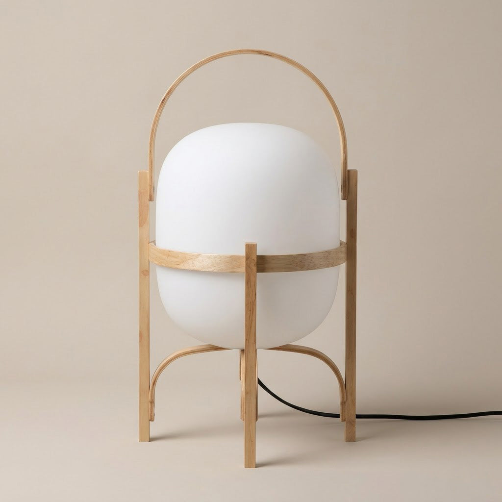 Japandi Curved Wood Lantern Glass Shade Table Lamp