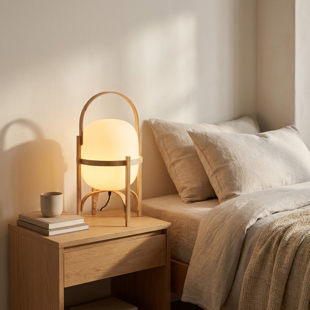 Japandi Curved Wood Lantern Glass Shade Table Lamp