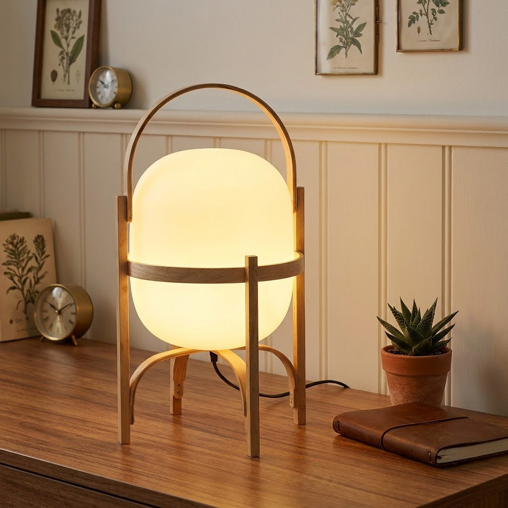 Japandi Curved Wood Lantern Glass Shade Table Lamp