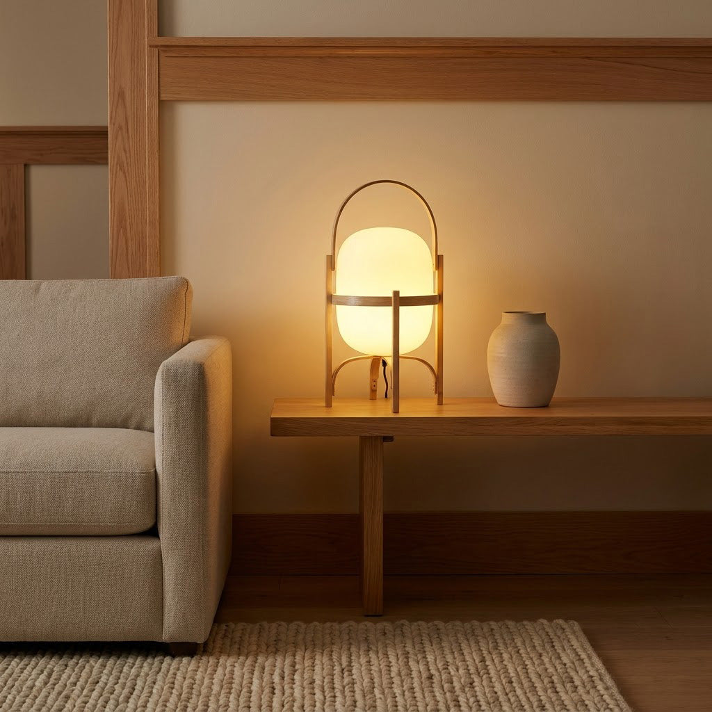 Japandi Curved Wood Lantern Glass Shade Table Lamp