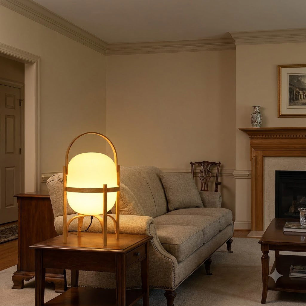 Japandi Curved Wood Lantern Glass Shade Table Lamp