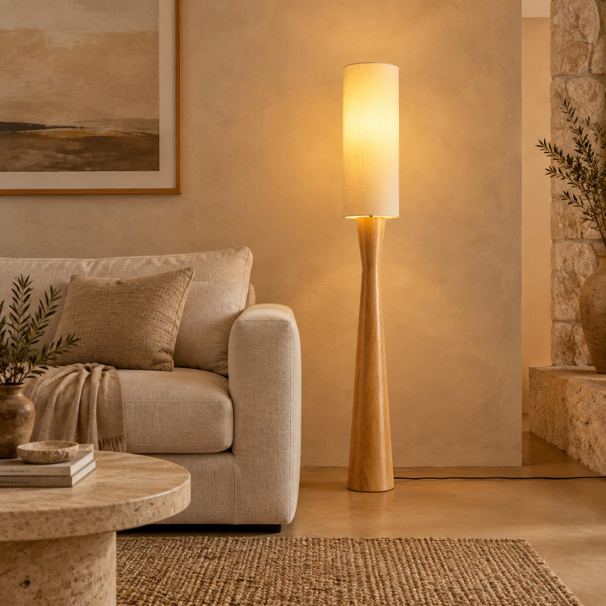 Japandi Cylinder Linen Floor Lamp