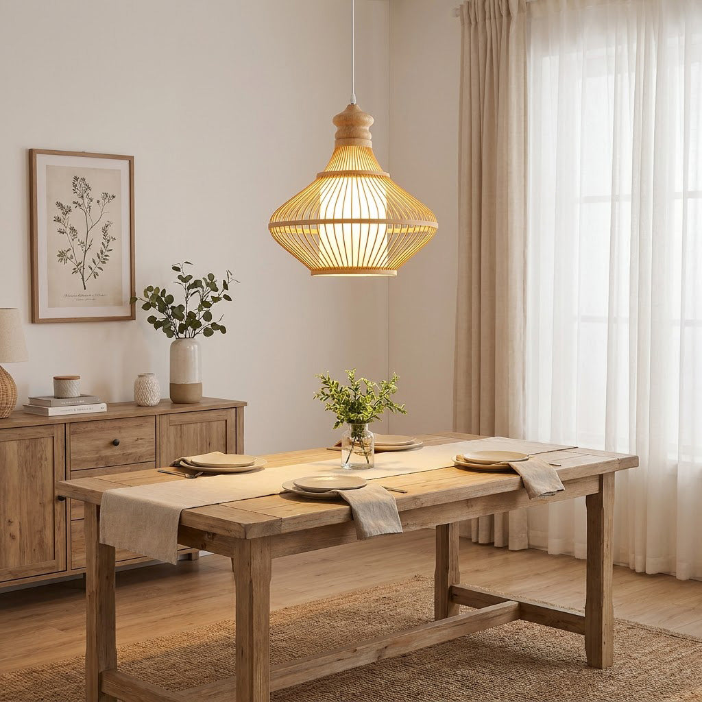Japandi Handwoven Bamboo Teardrop Pendant Light
