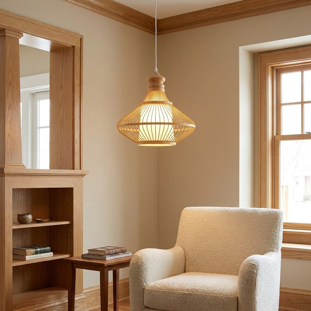 Japandi Handwoven Bamboo Teardrop Pendant Light