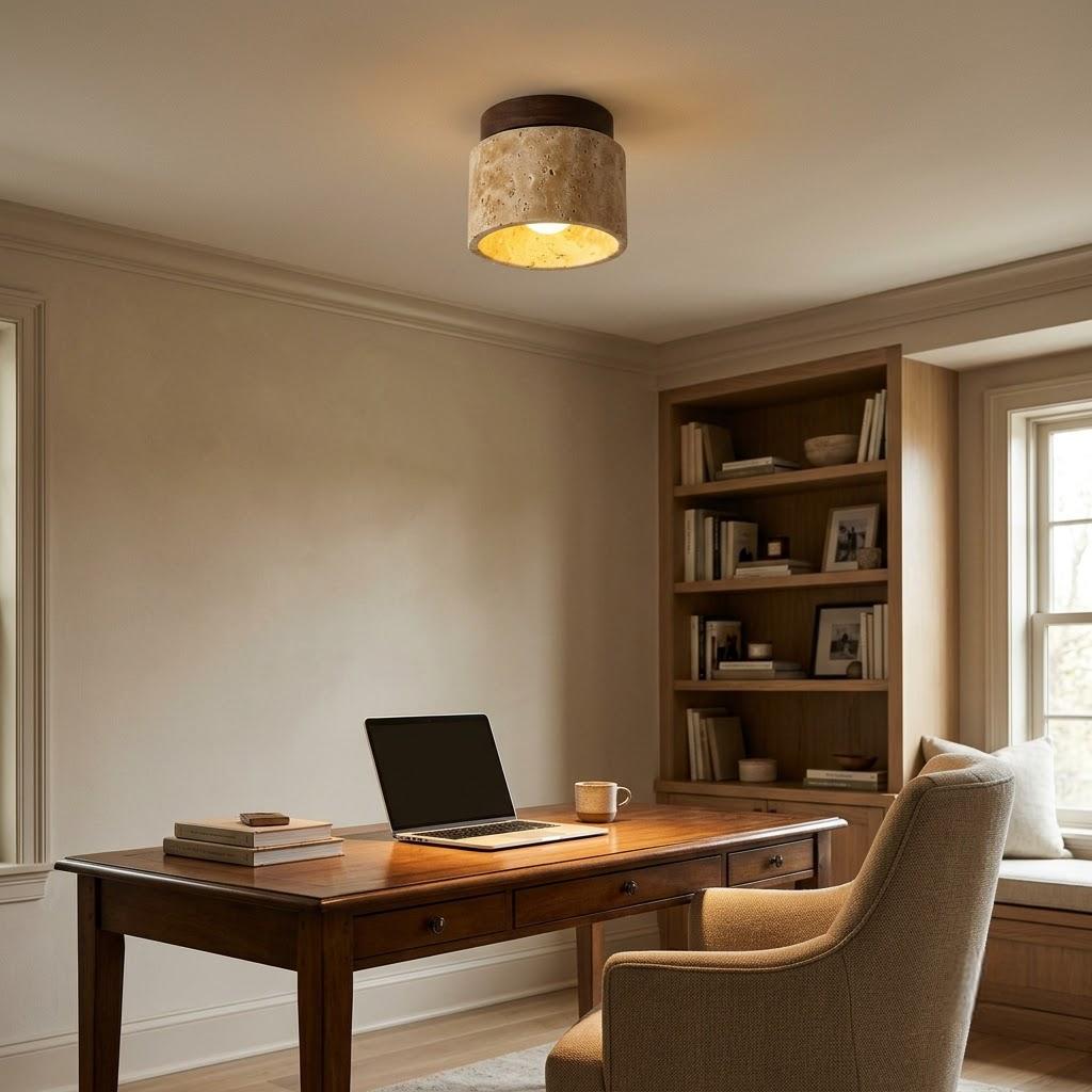 Japandi Travertine Cylinder Flush Mount Ceiling Light