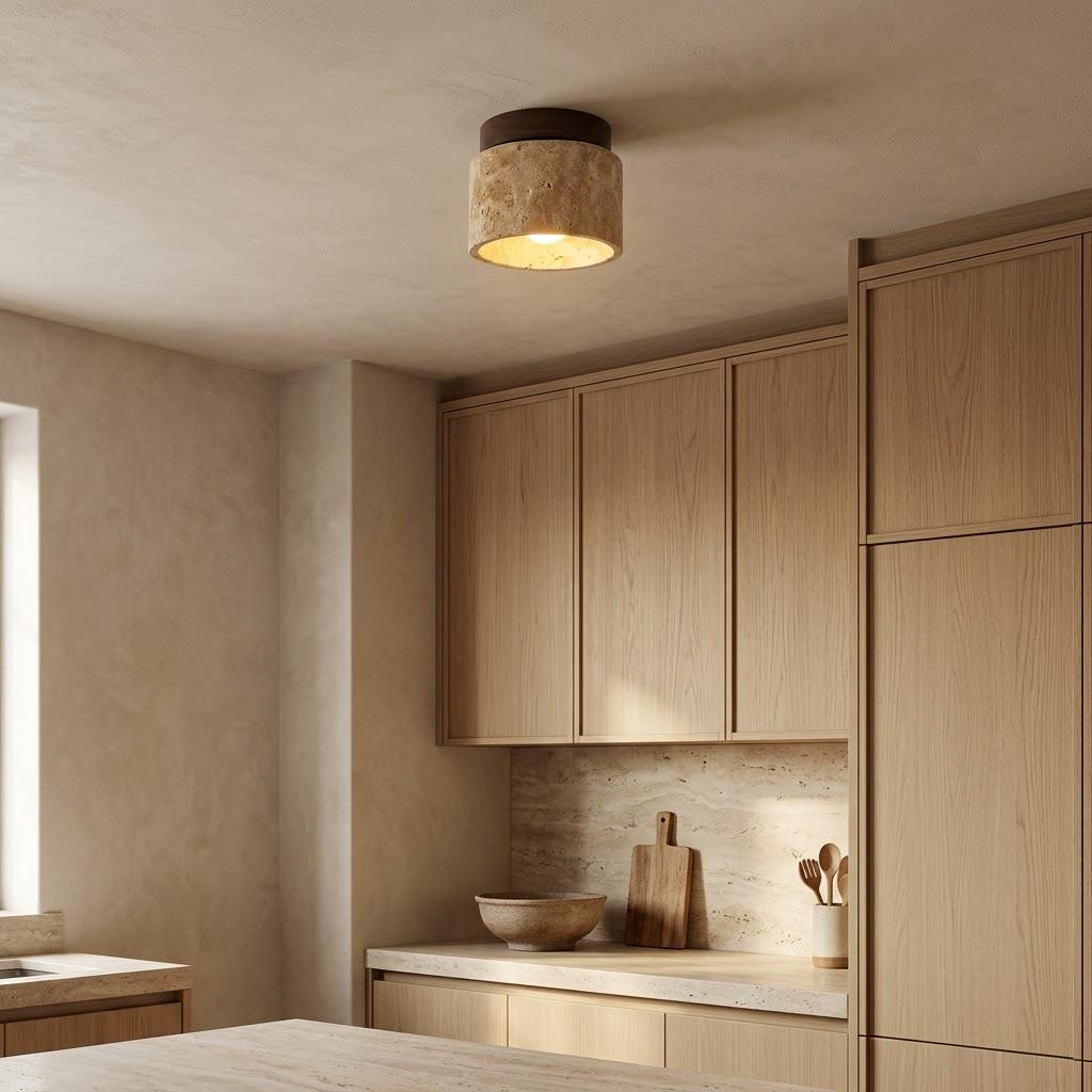 Japandi Travertine Cylinder Flush Mount Ceiling Light