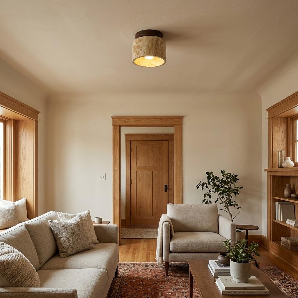 Japandi Travertine Cylinder Flush Mount Ceiling Light