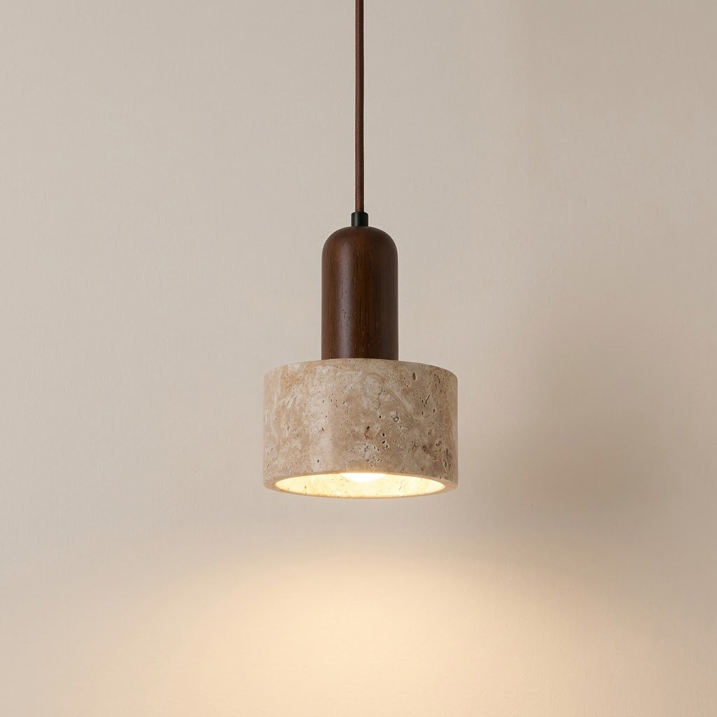 Japandi Travertine Walnut Cylinder Pendant Light