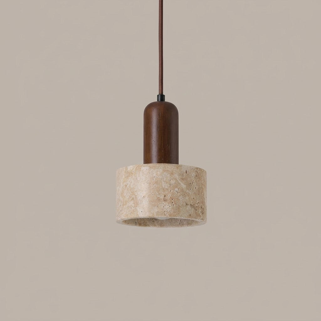 Japandi Travertine Walnut Cylinder Pendant Light