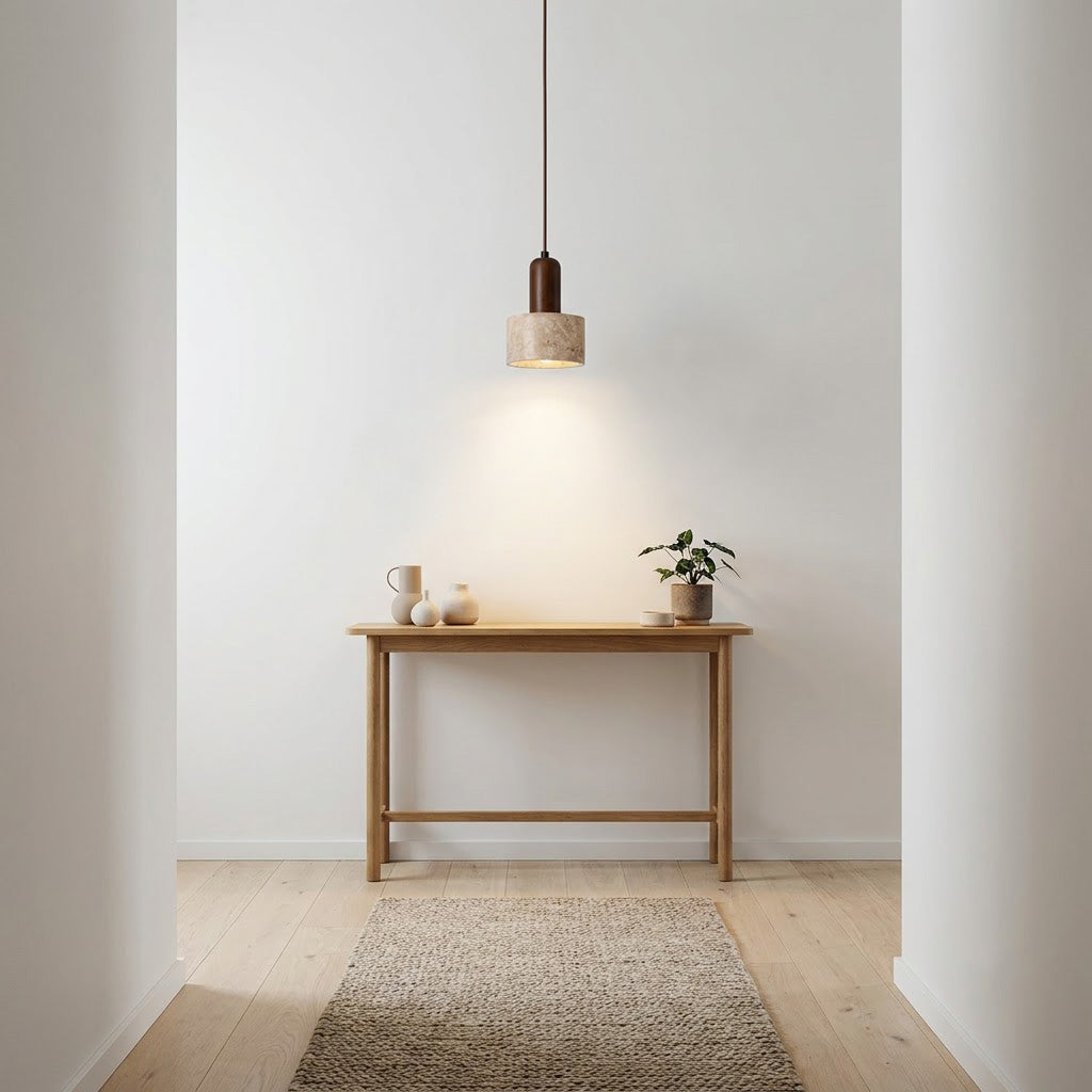 Japandi Travertine Walnut Cylinder Pendant Light