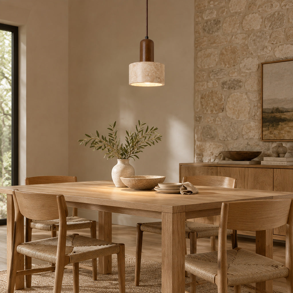 Japandi Travertine Walnut Cylinder Pendant Light
