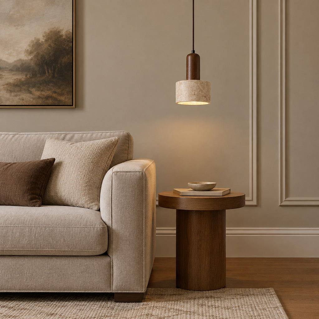 Japandi Travertine Walnut Cylinder Pendant Light