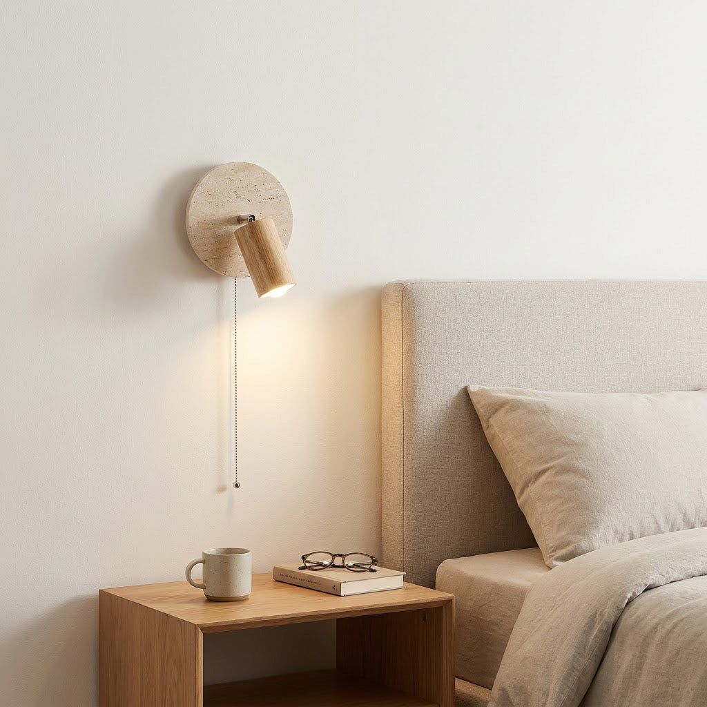 Japandi Travertine Wood Cylinder Wall Sconce