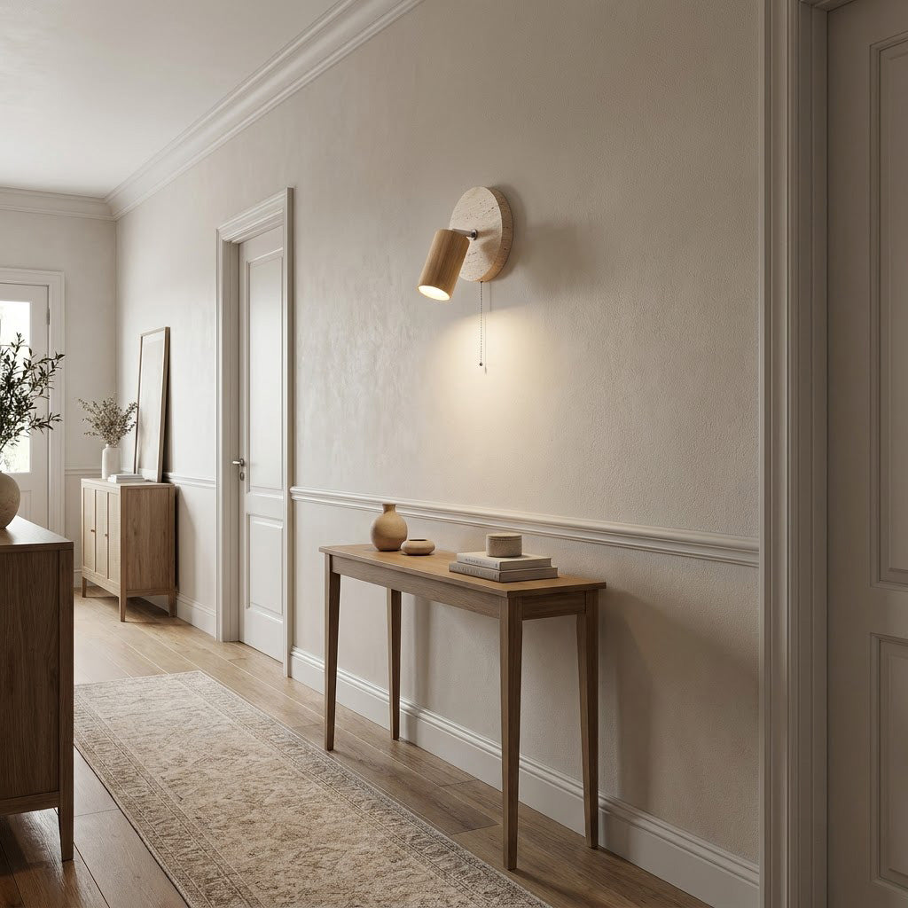 Japandi Travertine Wood Cylinder Wall Sconce