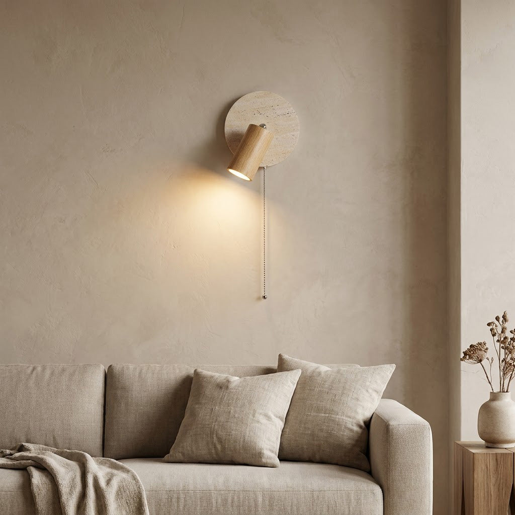 Japandi Travertine Wood Cylinder Wall Sconce