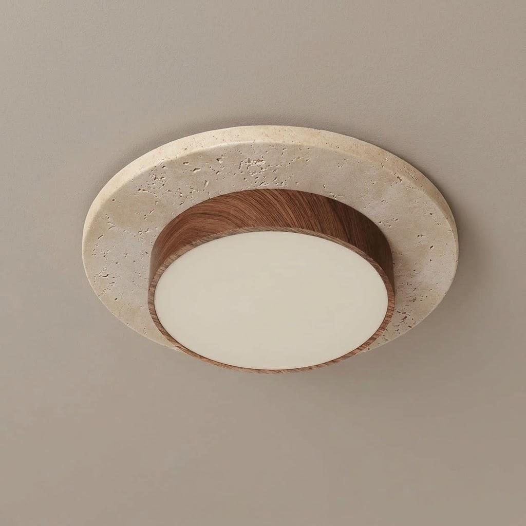 Japandi Travertine Wood Flush Mount Ceiling Light