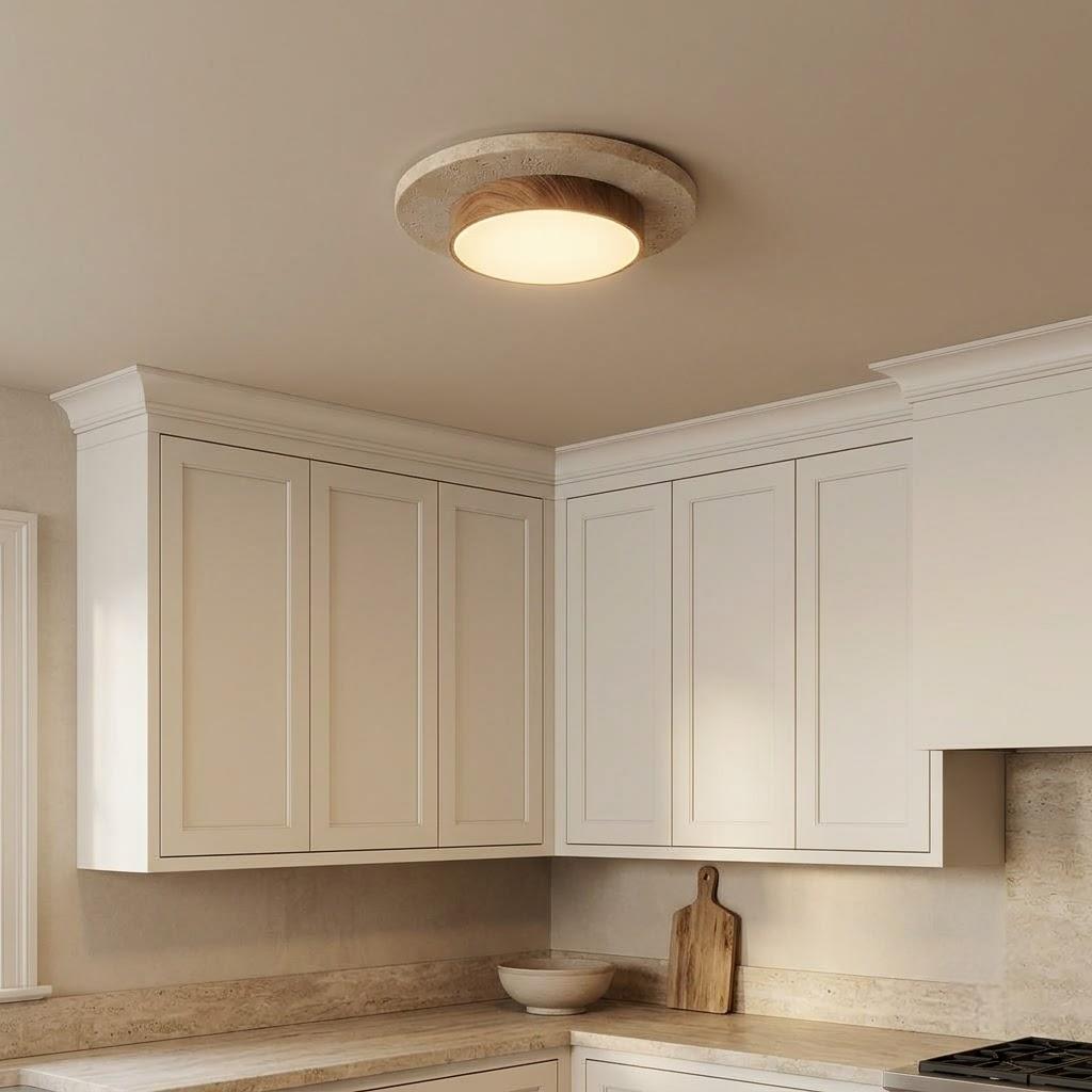 Japandi Travertine Wood Flush Mount Ceiling Light