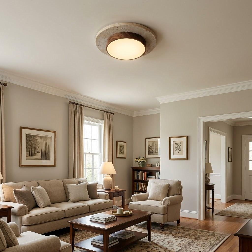 Japandi Travertine Wood Flush Mount Ceiling Light