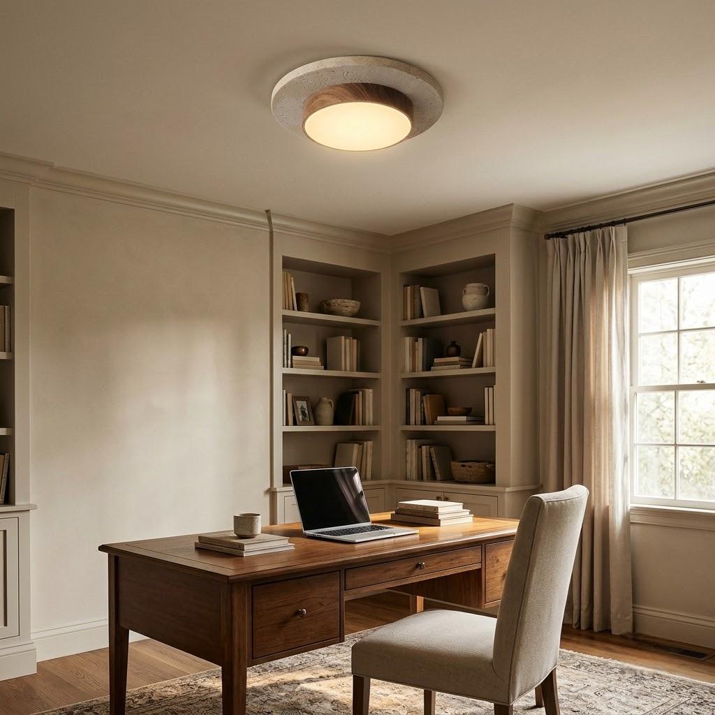 Japandi Travertine Wood Flush Mount Ceiling Light