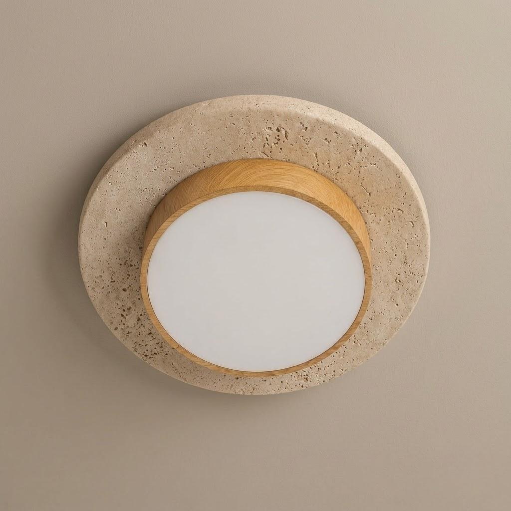 Japandi Travertine Wood Flush Mount Ceiling Light