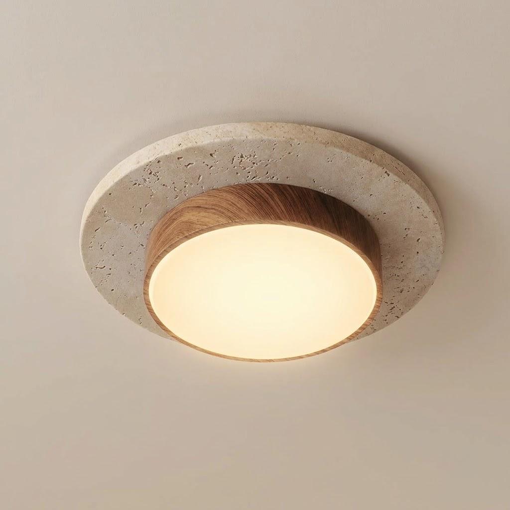 Japandi Travertine Wood Flush Mount Ceiling Light