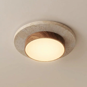 Japandi Travertine Wood Flush Mount Ceiling Light