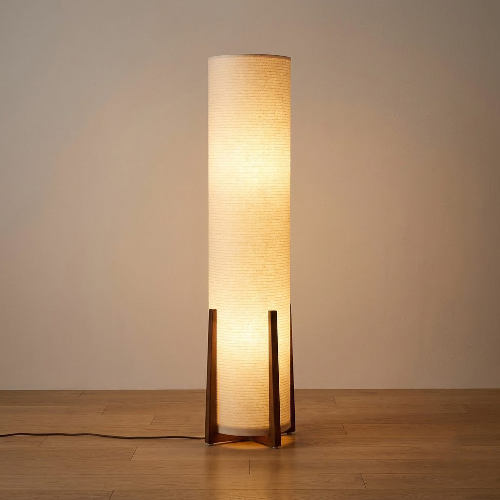 Japandi Walnut Tripod Cylinder Shade Floor Lamp