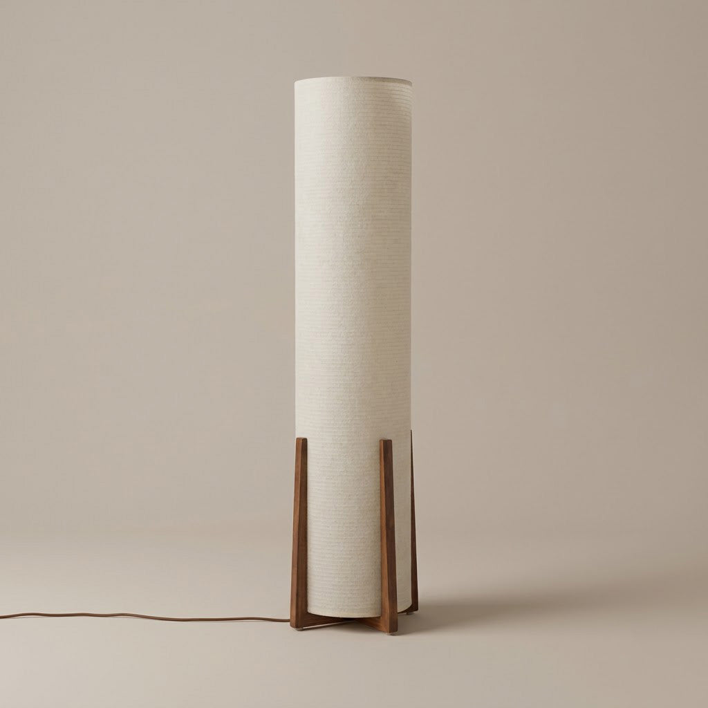Japandi Walnut Tripod Cylinder Shade Floor Lamp