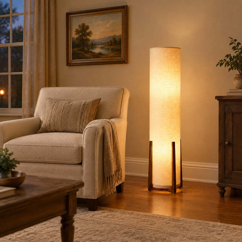 Japandi Walnut Tripod Cylinder Shade Floor Lamp