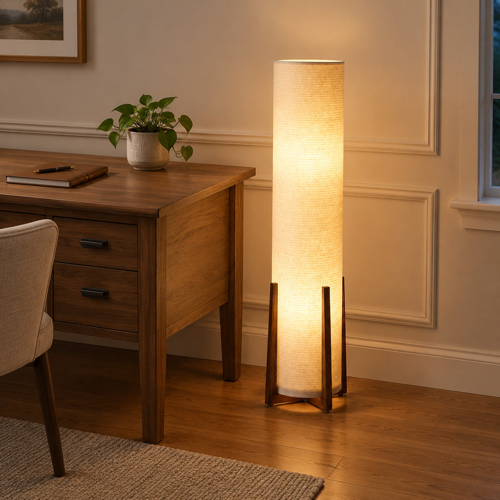 Japandi Walnut Tripod Cylinder Shade Floor Lamp