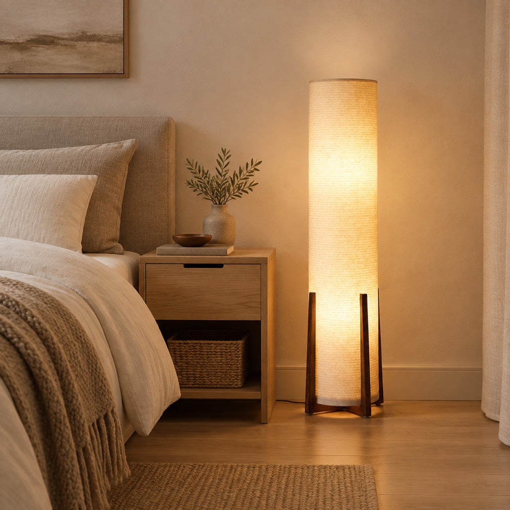 Japandi Walnut Tripod Cylinder Shade Floor Lamp
