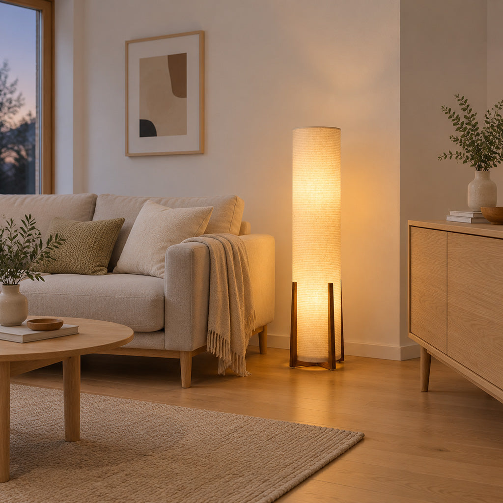 Japandi Walnut Tripod Cylinder Shade Floor Lamp