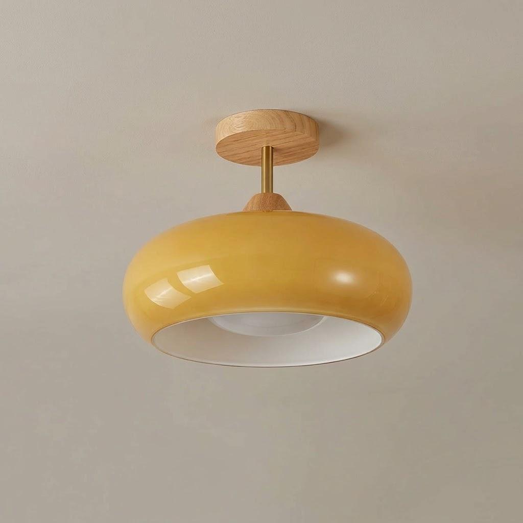 Japandi Wood Glass Dome Semi-Flush Ceiling Light