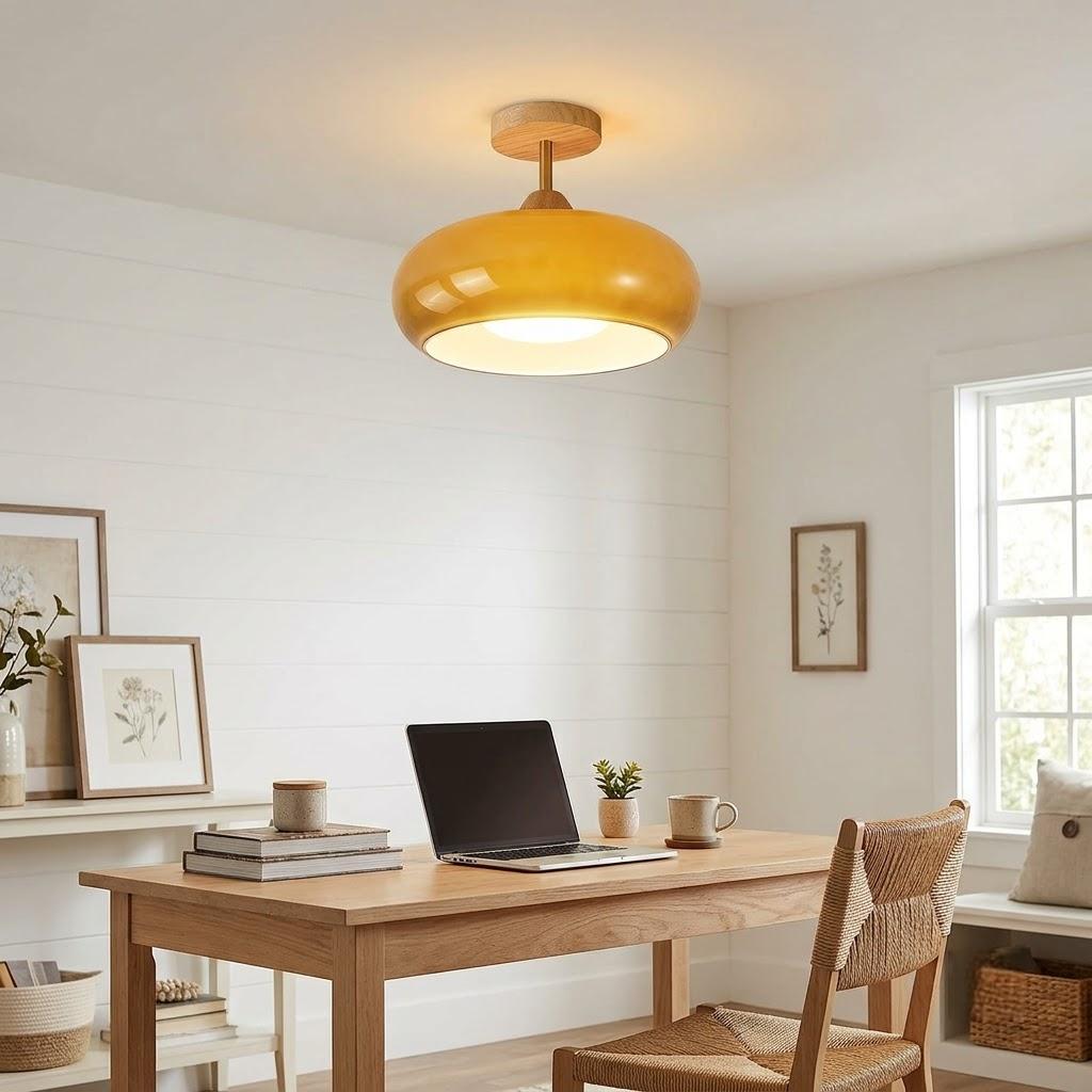 Japandi Wood Glass Dome Semi-Flush Ceiling Light