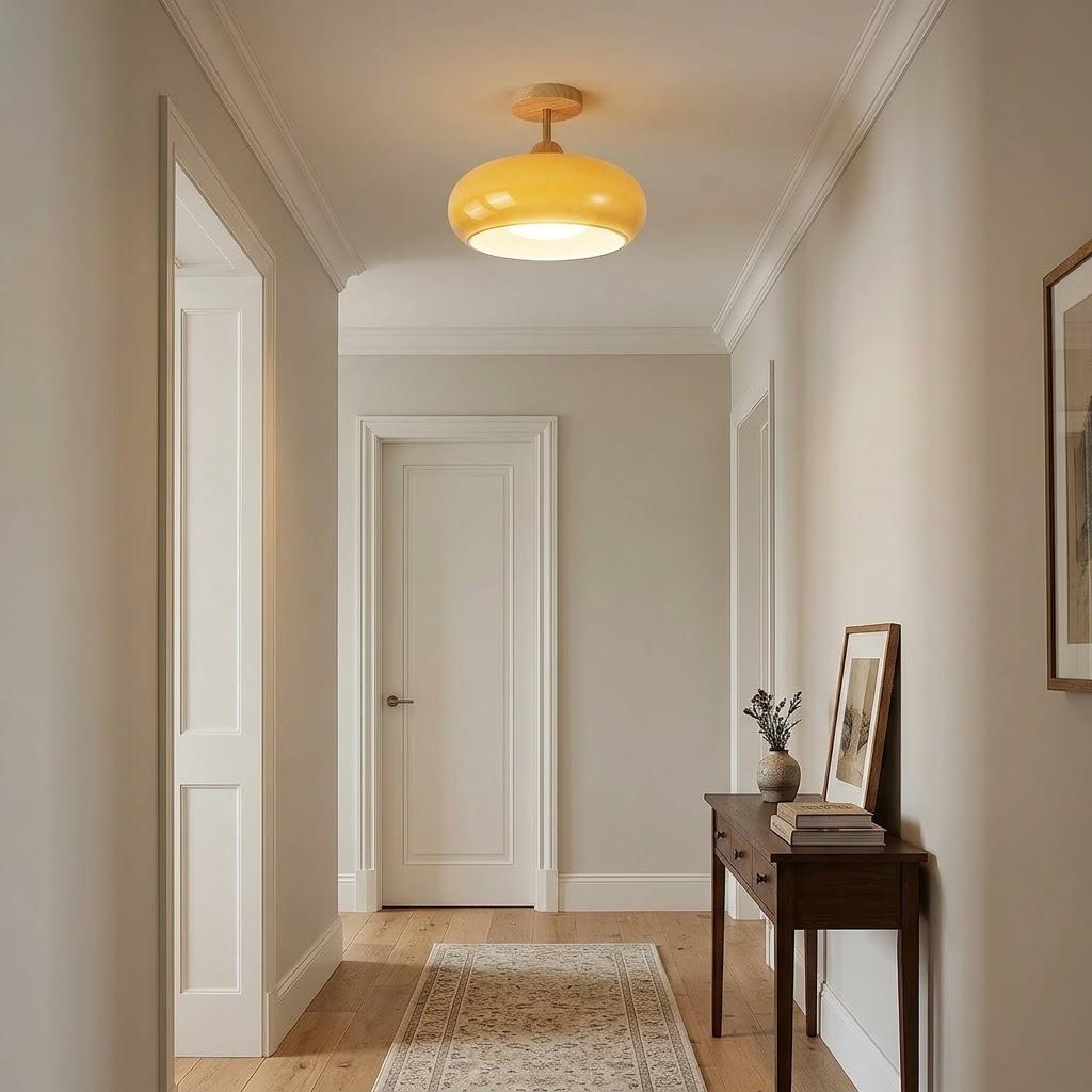 Japandi Wood Glass Dome Semi-Flush Ceiling Light