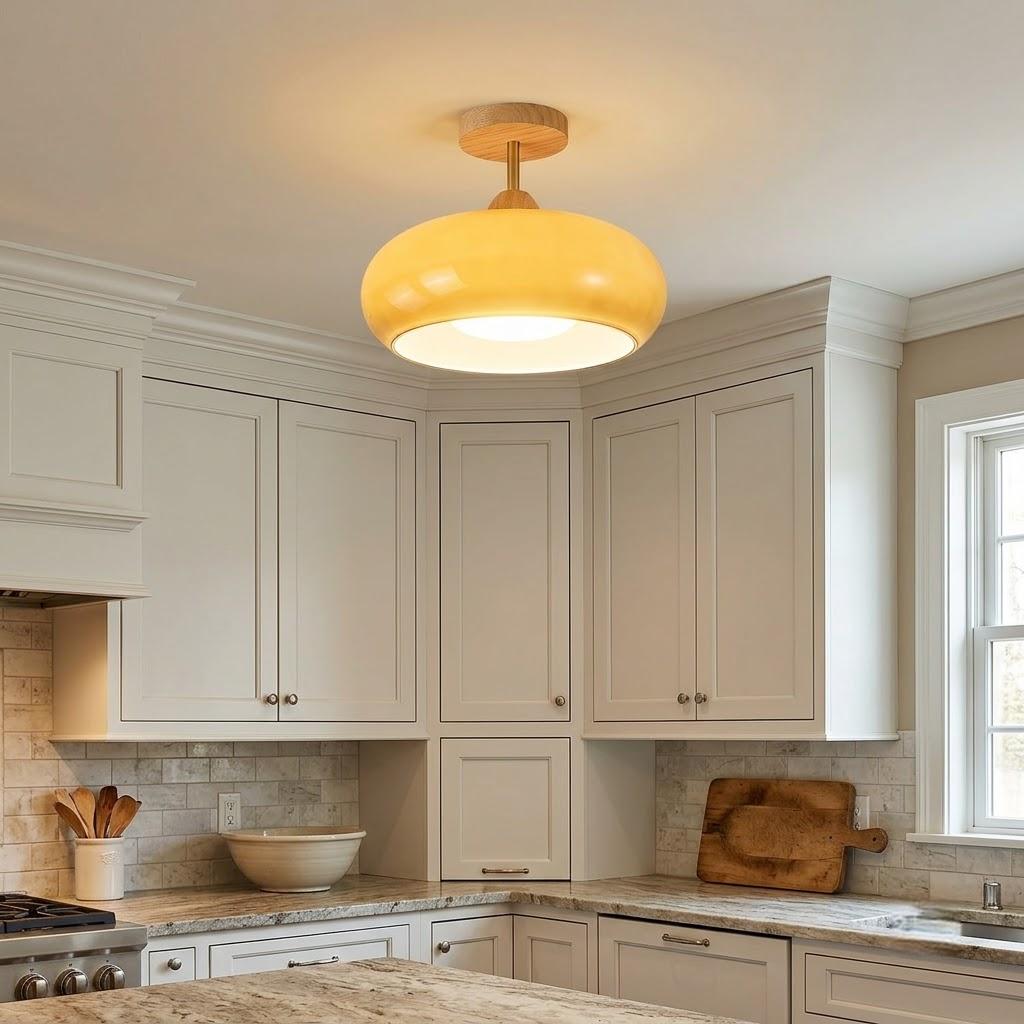 Japandi Wood Glass Dome Semi-Flush Ceiling Light