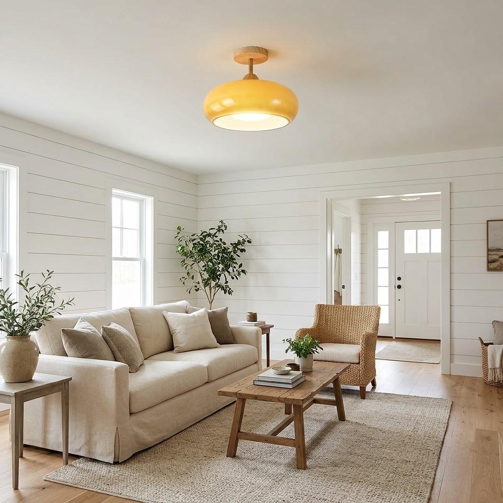 Japandi Wood Glass Dome Semi-Flush Ceiling Light