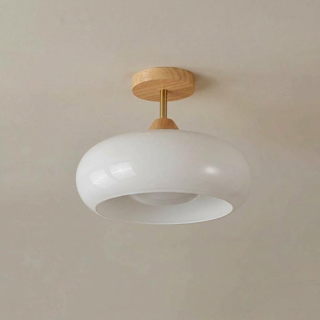 Japandi Wood Glass Dome Semi-Flush Ceiling Light