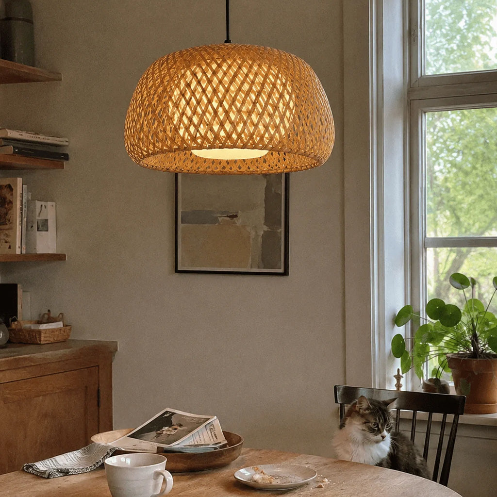 Japandi Woven Bamboo Dome Pendant Light