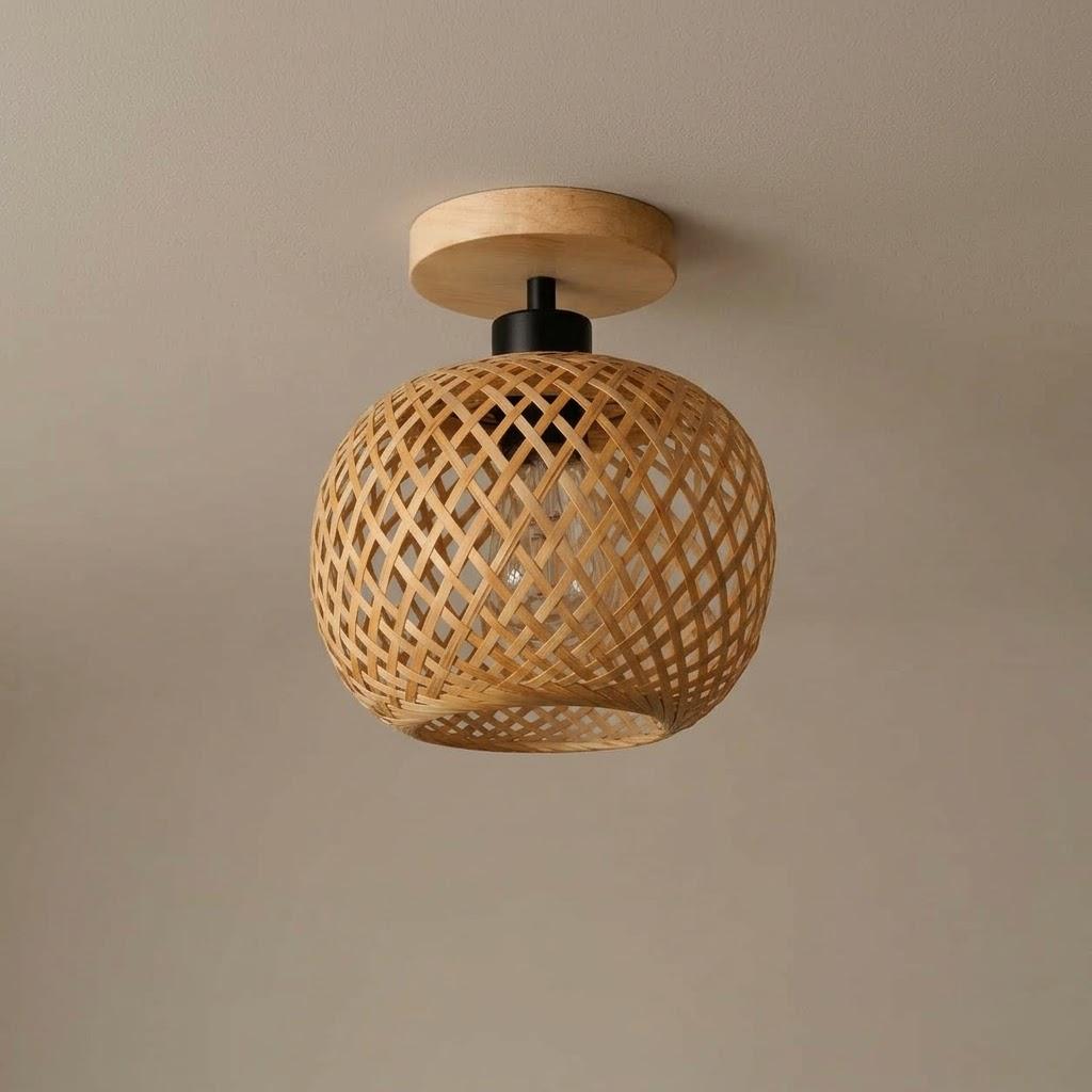 Japandi Woven Bamboo Globe Semi-Flush Ceiling Light