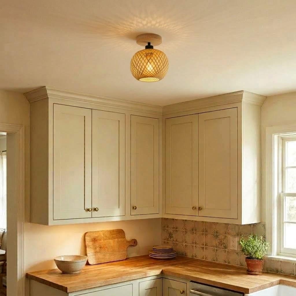 Japandi Woven Bamboo Globe Semi-Flush Ceiling Light