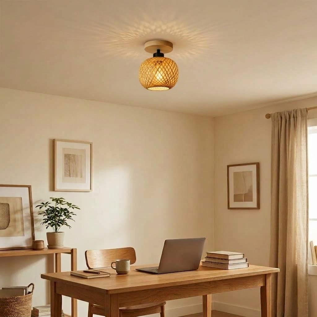 Japandi Woven Bamboo Globe Semi-Flush Ceiling Light